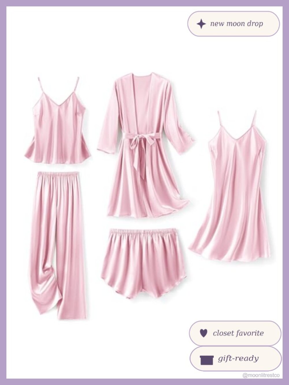 Satin 5-Piece Pajama Set Robe Nightgown Cami Shorts Pants Sleepwear